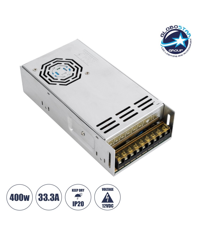 GloboStar® 73037 Μεταλλικό Τροφοδοτικό PELV για Προϊόντα LED 400W 33.3A - AC 220-240V σε DC 12V - IP20 - Μ20 x Π10 x Υ5cm - 3 Χρόνια Εγγύηση